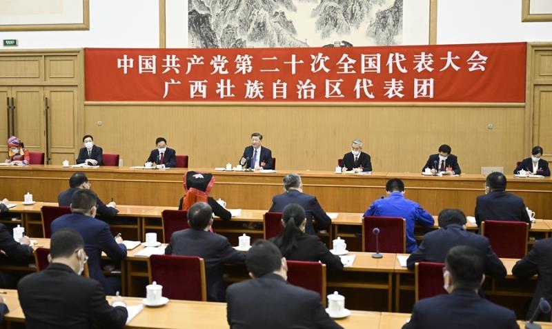 10月17日，习近平同道参与党的二十大广西代表团会商。新华社记者 谢环驰 摄